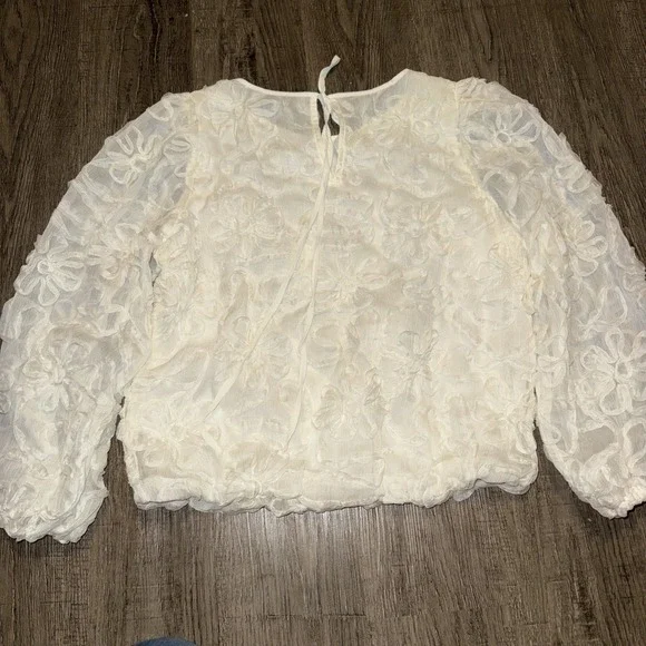 Loft Ivory Floral Appliqué Blouse Tie Back S - Picture 5 of 7